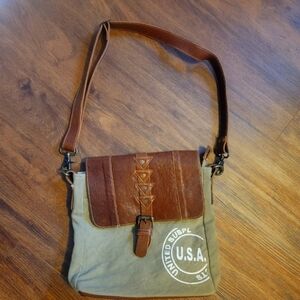 3. Myra Brown Leather Olive Army Green Crossbody Purse Bag Retro Vintage